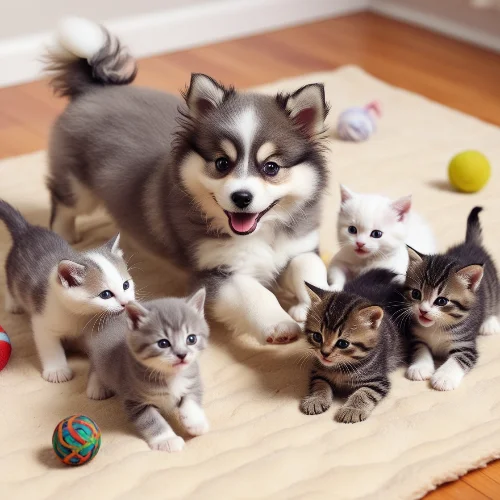 Pomsky with cats and kittens